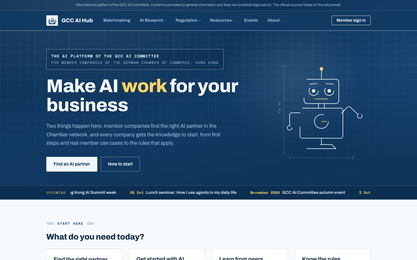 The GCC AI Hub home page: Make AI work for your business, with the schematic robot, matchmaking and how to start.